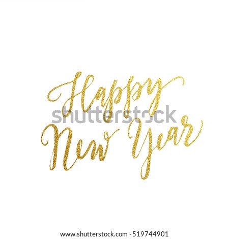 Gold Happy New Year text for greeting card. Vector holiday design on white background