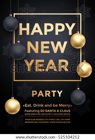 Party December New Year winter holiday club invitation poster. Premium calligraphy lettering with gold ornament decoration of golden ball and gold snowflake on luxury black background