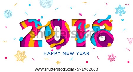 2018 Happy New Year holiday greeting card on white background with snowflakes pattern. Vector winter holiday numbers 2018 poster design of paper cut multi color layers and creative text carving.