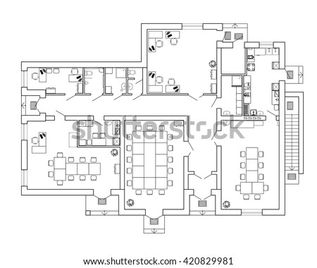 Modern office interior with furniture. Vector blueprint. Architectural background.