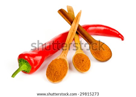 A composition of a pod of red chile pepper and three wooden spoonful of red ground pepper on a white background