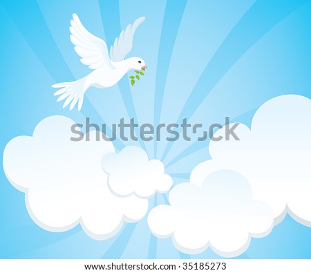 stock vector White dove with a green twig in the cloudy sky