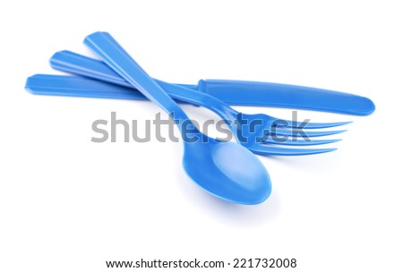 Blue disposable plastic cutlery isolated on white