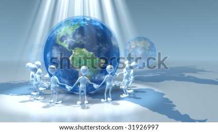 stock photo : Light shining down on stick figures holding hands around earth 