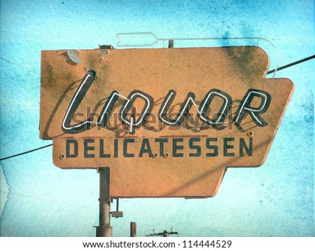 aged and worn vintage photo of retro neon liquor store sign