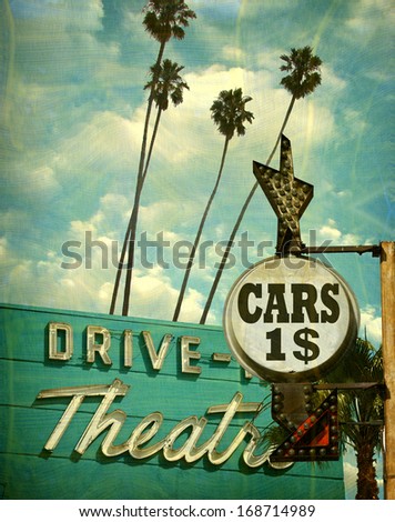 Aged And Worn Vintage Photo Of Drive In Theater And Dollar Sign