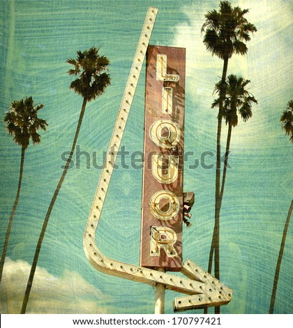 agerd and worn vintage photo of liquor store neon sign with palm trees