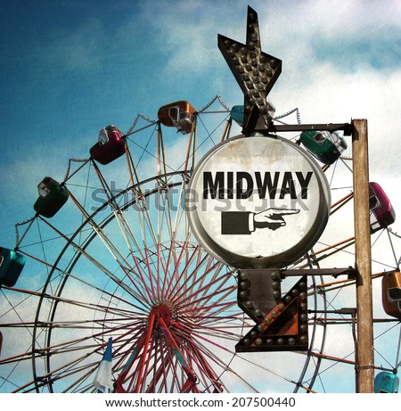 aged and worn vintage photo of midway way sign at carnival