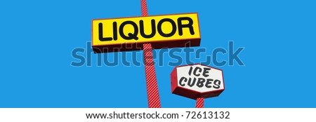 liquor and ice cube sign with blue sky background