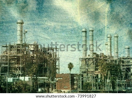 aged vintage photo of industrial factory with smoke and pollution