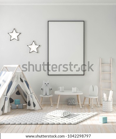 Blank poster frame mockup in stylish kids room 3d rendering