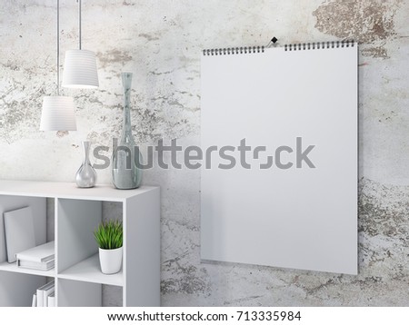 Calendar  mockup in interior, white room, modern eco design 3d rendering