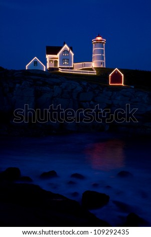 Twilight shot of Christmas in July at Cape Neddick, Maine