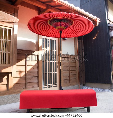 a classic travel background,japanese traditional umbrella in the streets of downtown kyoto japan