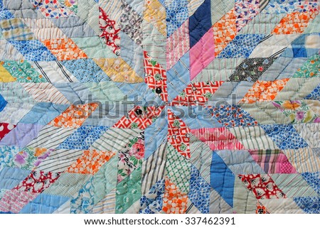 Vintage patchwork quilt, diamond pieces, fabric scraps