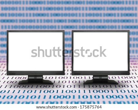 Two computer monitors with empty screen against abstract binary code background
