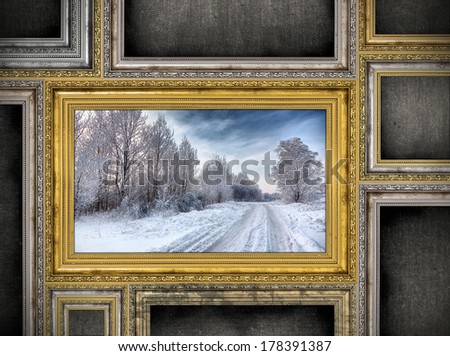 golden wooden frame with beautiful landscape among other empty frames. Photo inside frame is my property.