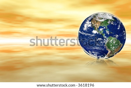 earth globe against yellow abstract background, small reflection in front of the globe