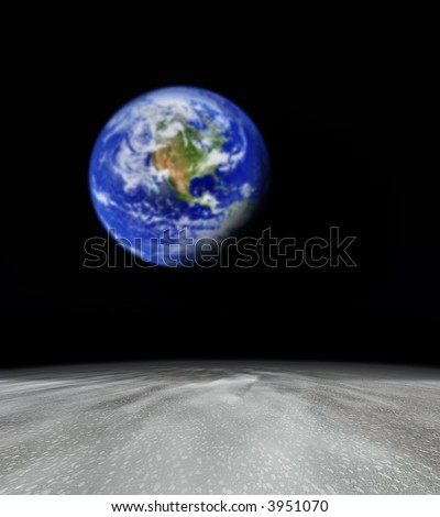 earth viewed from abstract planet (resembling the moon) , focus is set in foreground, globe is blured