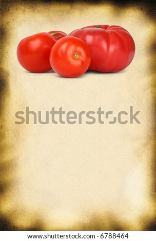 old paper background and fresh tomatos, large copy space for your content, photo inside is my property