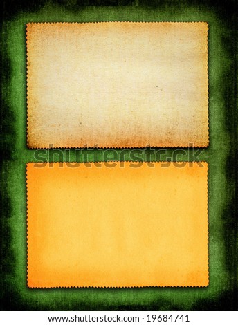 two pieces piece of yellowed paper against green material background
