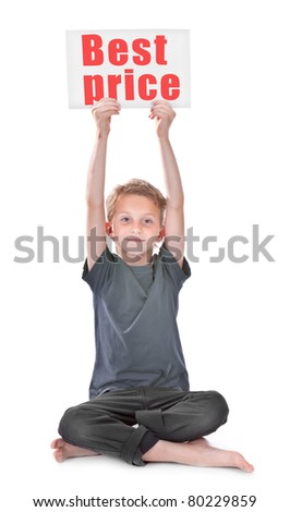 boy sitting and holding white page with best price inscription