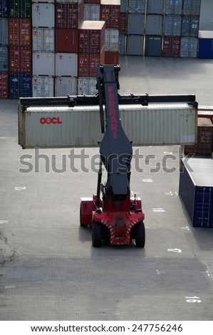 DUISBURG, GERMANY - 09 September 2013 Reach-stacker vehicles for transportation in Logistics Center - Logport Duisburg