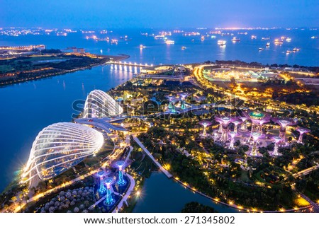 SINGAPORE - February 22 2015: Aerial night view of The Supertree Grove at Gardens near Marina Bay. Gardens by Bay was crowned World Building of Year at World Architecture Festival 2012