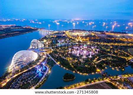 SINGAPORE - February 22 2015: Aerial night view of The Supertree Grove at Gardens near Marina Bay. Gardens by Bay was crowned World Building of Year at World Architecture Festival 2012