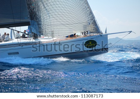 PORTO CERVO, ITALY - SEPTEMBER 12:  Sailing team compete in the  Rolex Swan Cup boat race on September 12, 2012 in Porto Cervo, Italy.