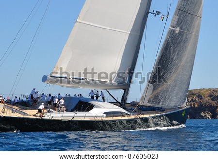 CERVO, ITALY - SEPTEMBER 10: The DSK Sailing team compete in the Maxi Yacht Rolex Cup boat race on September 10, 2011 in Porto Cervo, Italy.