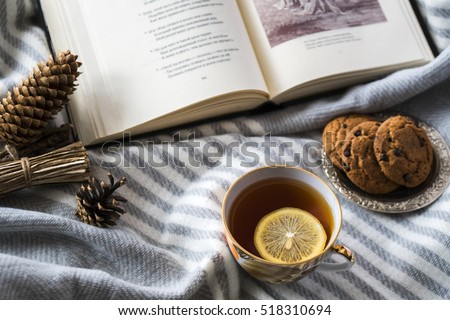 warming tea with lemon, oaten cookies and opened book on gray woolen shawl