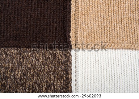 Knitted textile from four beige, white, brown and speckled brown patterns Backgrounds Abstract
