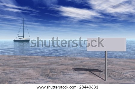 A yacht on the ocean near the beach under a cloudy blue sky.  There is a blank sign for your text.