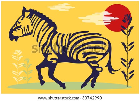 Collage with stylized by zebra, sun and plants of the savannah