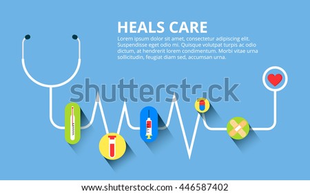 Healthcare, stethoscope, cardiogram, health monitoring, concepts set. Modern flat design concepts for web banners, web sites, printed materials, infographics. Creative vector illustration