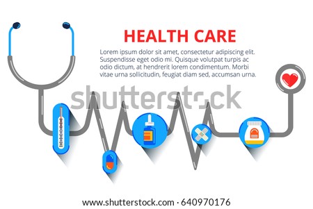 Health care, stethoscope, cardiogram, health monitoring, concepts set. Modern flat design concepts for web banners, web sites, printed materials, infographic. Creative vector illustration