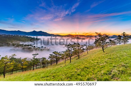 Amazing sunrise in Golden Hill , Golden Valley in Da Lat City, Famous View In Da Lat City Da Lat is highland city fog in the morning. Da Lat is one of the beautiful and the famous city in Viet Nam.