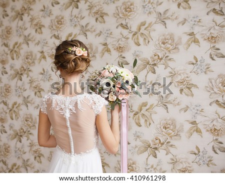 Morning bride. Vintage background. Wedding bouquet