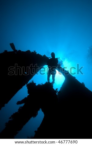 Underneath view of a diver passing through the stern section of the shipwreck, Dunraven. Red Sea, Egypt.