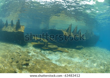 Underwater view of the shipwreck SS Lara which struck Jackson reef situated in the Straits of Tiran in 1982. Jackson Reef, Red Sea, Egypt.