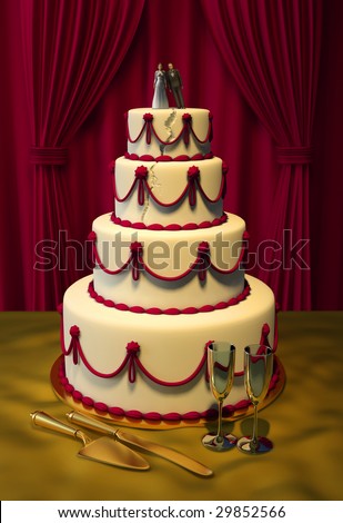 stock photo 3d wedding cake on table with red velvet background