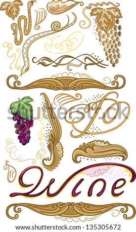 Decorated set for wine label with grapes isolated on white background