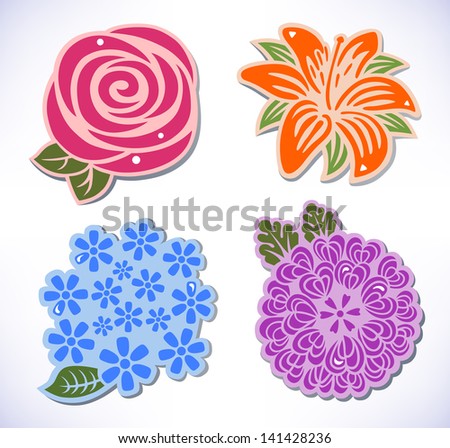 Vector illustration of four flowers (rose, chrysanthemum, hydrangea, lily) isolated on background. Created in Adobe Illustrator. Image contains gradients. EPS 8.
