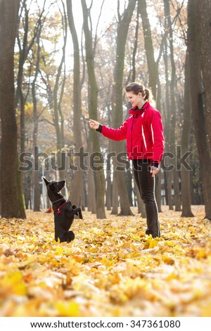 Young women in red jacket trains shiny black dog in red collar. The dog is sitting.