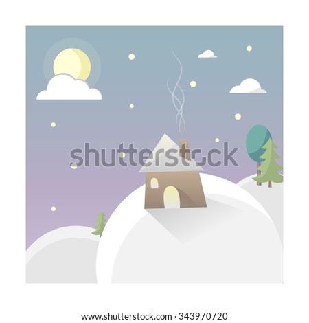 Illustration of a winter landscape (sky, house, hills). Christmas postcard
