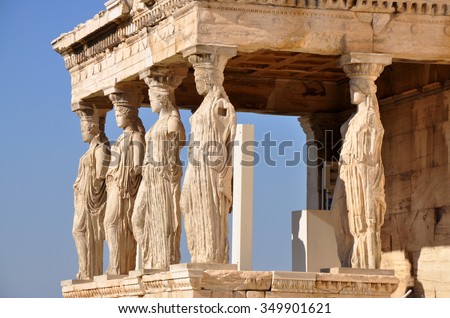 Six figures of the Caryatid Porch of the Erechtheion on the Acropolis at Athens.\
Sculpted females pillars karyatides.