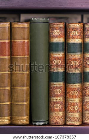 Old books in leather binding on wooden shelf