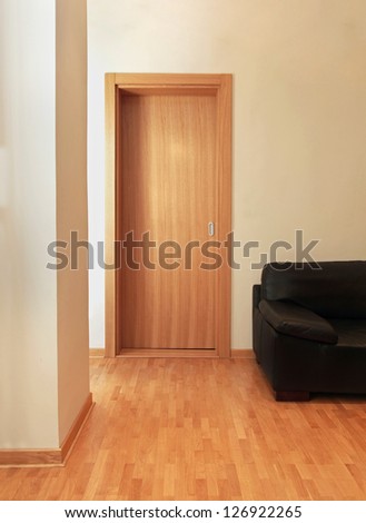 Modern empty apartment interior with wooden door and leather sofa