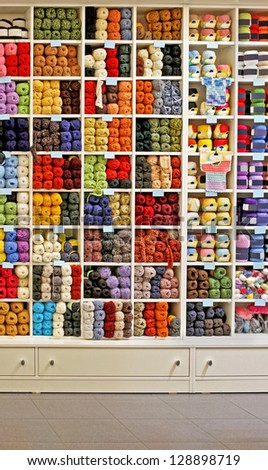 Knitting wool selection in craft store shelves